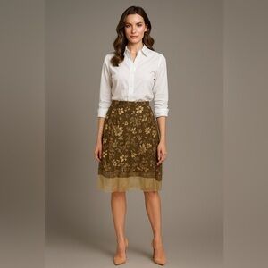 NWNT Olive Green gold floral Metallic Sequins‎ A-Line Cotton midi skirt size 24